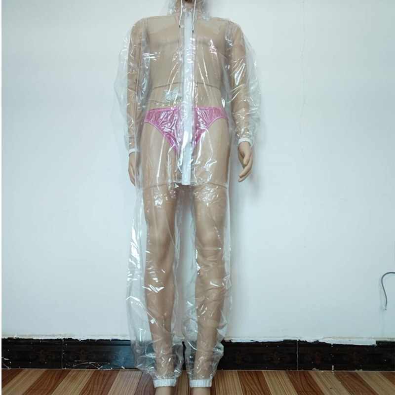 Diapering - Sexy PVC Transparenter Reißverschluss-Plastikanzug mit Kapuze,