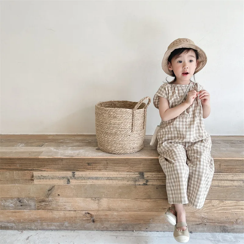 Baby Summer Linen Sleeveless Jumpsuit - Baby Mädchen Plaid Overalls Kinder Ärmellose