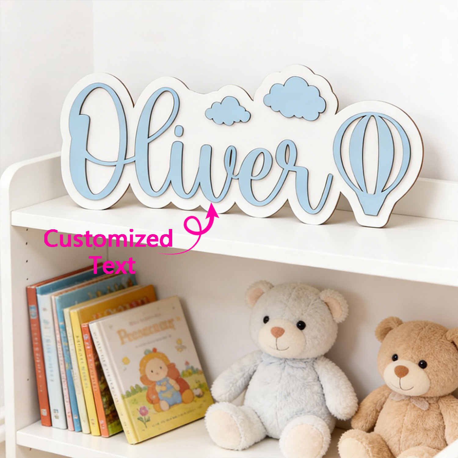 Nursery - Personalisiertes Heißluftballon- & Wolken-Namensschild, Anpassbare Pastellblaue